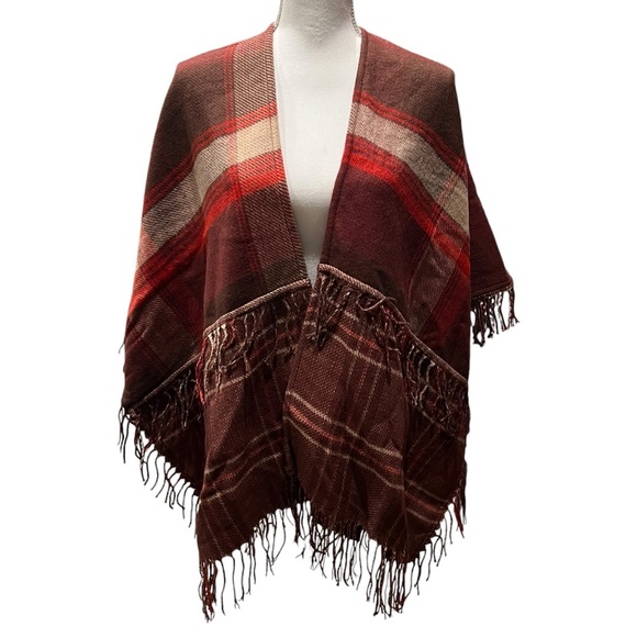 Steve Madden Tartan Ruana with Fringe Poncho Cape One Size Equestrian Western - Picture 8 of 10